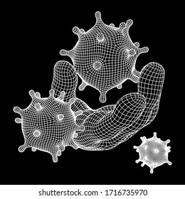 Human Arm Hand with Corona Virus virion of Coronavirus. Connection structure. Vector low poly wireframe mesh illustration