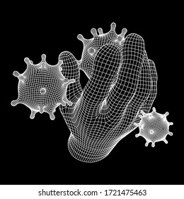 Human Arm Hand with Corona Virus virion of Coronavirus. Connection structure. Vector low poly wireframe mesh illustration