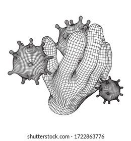 Menschlicher Arm Hand mit Corona Virus virion von Coronavirus. Verbindungsstruktur. Vektorgrafik mit Low-Poly-Wireframe-Masche