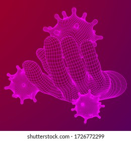 Human Arm Hand with Corona Virus virion of Coronavirus. Connection structure. Vector low poly wireframe mesh illustration