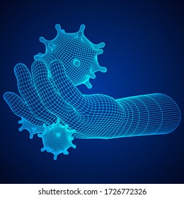 Human Arm Hand with Corona Virus virion of Coronavirus. Connection structure. Vector low poly wireframe mesh illustration