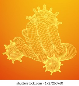 Human Arm Hand with Corona Virus virion of Coronavirus. Connection structure. Vector low poly wireframe mesh illustration