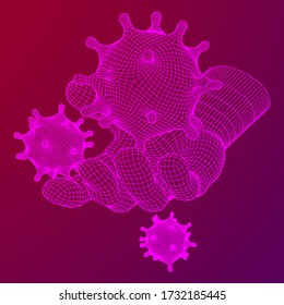 Mano de brazo humano con virus Corona de virus del Coronavirus. Estructura de conexión. Ilustración de malla de malla de malla de polos bajos del vector