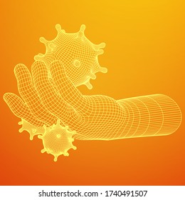 Mano de brazo humano con virus Corona de virus del Coronavirus. Estructura de conexión. Ilustración de malla de malla de malla de polos bajos del vector