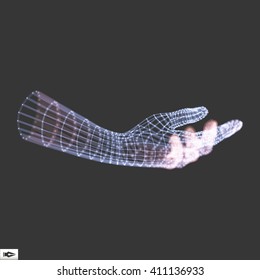 Menschlicher Arm. Handmodell. 3D-Deckhaut. Kann für Wissenschaft, Technologie, Medizin, Hightech, Science-Fiction verwendet werden