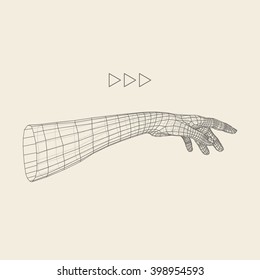 Human Arm. Human Hand Model. Hand Scanning. View of Human Hand. 3D Geometric Design. 3d Covering Skin. Polygonal Design. Can be used for science, technology, medicine, hi-tech, sci-fi.