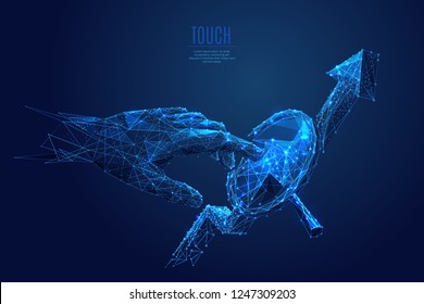 Human arm or hand or palm is touching analysis concept digital image . Low poly blue. Polygonal abstract business  illustration. Digital vector illustration as a starry sky or Cosmos. Vector  in RGB