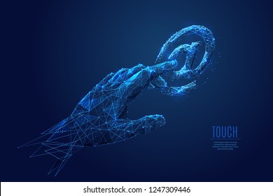 Human arm or hand or palm is touching At symbol. digital image of email or internet symbol. Low poly blue. Polygonal abstract technology  illustration. Digital vector illustration as a starry sky.