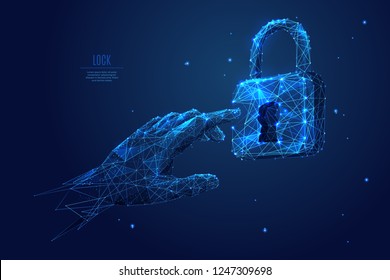 Human arm or hand or palm is touching lock symbol. digital image of email or internet symbol. Low poly blue. Polygonal abstract technology  illustration. Digital vector illustration as a starry sky.