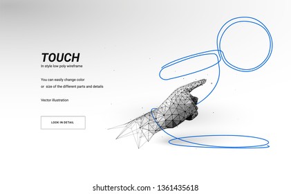 Human arm or hand or palm is touching at symbol Magnifying glass or search .Abstract illustration isolated on white background.Low poly wireframe. Particles are connected in a geometric silhouette
