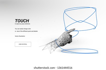 Human arm or hand or palm is touching at symbol Email or internet. Abstract illustration isolated on white background.Low poly wireframe black. Particles are connected in a geometric silhouette.