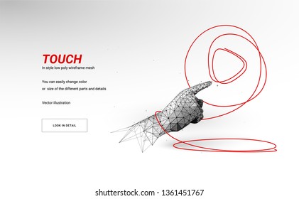 Human arm or hand or palm is touching at symbol Play. Abstract illustration isolated on white background.Low poly wireframe black. Particles are connected in a geometric silhouette.