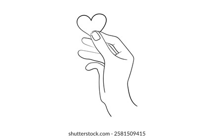 Human arm holding litlle heart line continuous drawn. Hand hold heart in line style. Charity, help, humanity, orphanhood. Vector illustration isolated on white background.