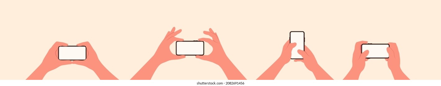 Human arm holding the mobile phone with both hands palm in a horizontal and vertical position with blank screen flat vector illustration set