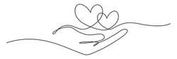 Human Arm Holding Two Hearts Line Continuous Drawn. Hand Hold Two Hearts In Line Style. Vector Illustration Isolated On White.