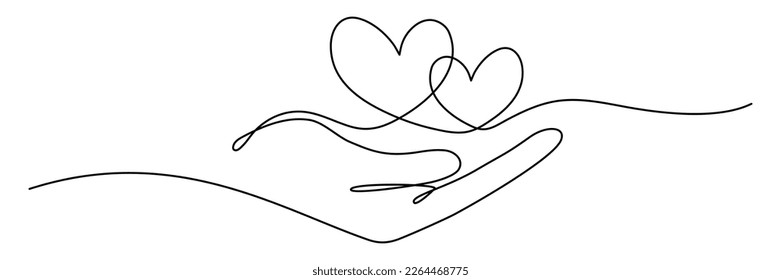 Human arm holding two hearts line continuous drawn  Hand hold two hearts in line style  Vector illustration isolated white 