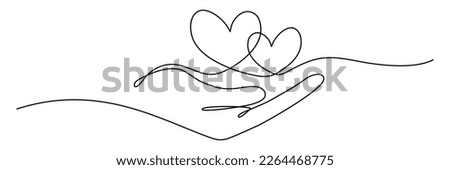 Human arm holding two hearts line continuous drawn. Hand hold two hearts in line style. Vector illustration isolated on white.