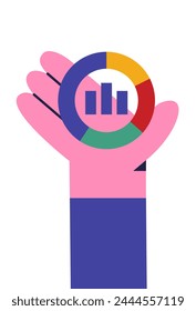 El brazo humano sostiene la herramienta para el concepto de negocio del análisis de datos. Tecnología de gráficos y estrategia de marketing. Ilustración vectorial de grasa.