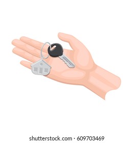 Human arm lends house key with trinket on white background. Cartoon arm presents keys from apartment, house or hotel room to someone. Real estate deal isolated vector in flat design