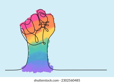 Brazo humano con colores de bandera LGBT con dedos apretados, dibujo de una línea. Continuo dibujo negro de línea de arcoiris coloreado puño fuerte levantado. Concepto de ilustración vectorial del orgullo gay, lgbtq, amor.