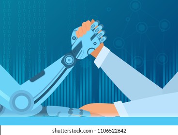 El brazo humano lucha con el robot. La lucha del hombre contra el robot. Concepto de ilustración vectorial de inteligencia artificial.