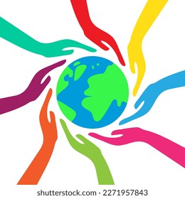Human arms colorful holding hands around planet earth. Earth day and humanity concept 