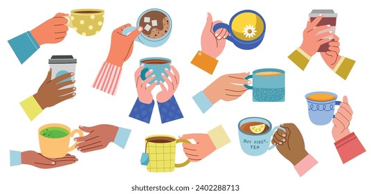 Human arms with drinks. Cartoon people hands hold different tea cups and coffee tumblers, funny drawn design, lemon, chamomile, vector set.eps
