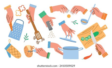 human arms hold kitchen accessories. Preparing food process, hands cutting vegetables on board, peeling potatoes, cooking time, vector set.eps
