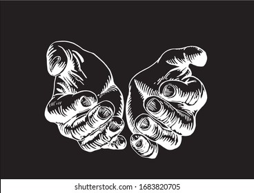 Human arms isolated on black background, vector engraved illustration