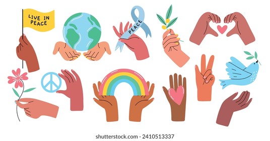 Human arms with signs. Peace and love symbols in hands, stop war concept, olive branch, rainbow and heart, cute stickers design, vector set.eps
