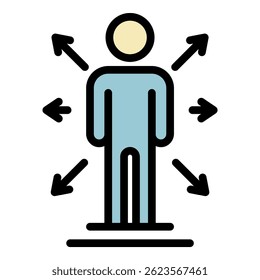 Human and arrows icon. Outline human and arrows vector icon color flat isolated