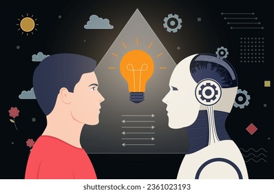 Human and artificial intelligence heads with light bulb. Teamwork concept.