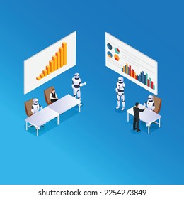 Human artificial intelligence interaction with men and women meeting robots 3d isometric vector illustration concept for banner, website, landing page, ads, flyer template