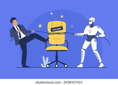 Human Artificial Intelligence and Robots are fighting for job vacancies. Flat vector illustration