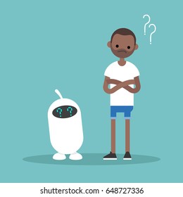Human and artificial intelligence trying to answer a question  / flat editable vector illustration, clip art