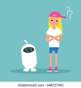 Human and artificial intelligence trying to answer a question  / flat editable vector illustration, clip art