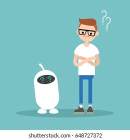 Human and artificial intelligence trying to answer a question  / flat editable vector illustration, clip art