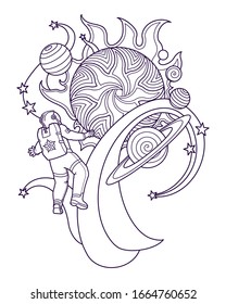 Human (astronaut) in outer space. Fantastic space landscape with planets of solar system and stars. Page of coloring book. Vector illustration isolated on white background.