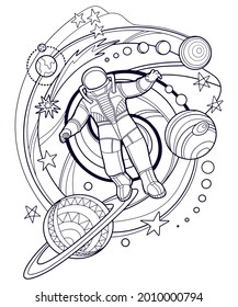 Human (astronaut) in outer space. Fantastic space landscape with planets of solar system and stars. Page of coloring book. Vector illustration isolated on white background.