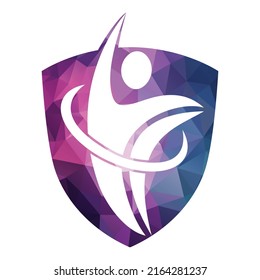 Human athlete in motion who crosses finish line and breaks through ribbon isolated logo vector.