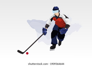 A human athlete roller skates  wearing helmet   hockey stick runs after the ball