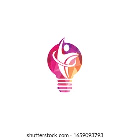 Human athlete silhouette in motion who crosses finish line and breaks through ribbon isolated logo vector. Bulb lamp Shape And winner athlete logo concept.