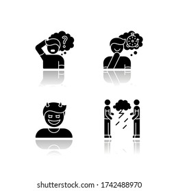 Human Attitude Drop Shadow Black Glyph Icons Set. Man Think In Confusion. Person Experience Nostalgia. Evil Gloat. Hostility And Aggression Attitude. Isolated Vector Illustrations On White Space