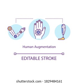 Human augmentation concept icon. Body hacking, biopunk idea thin line illustration. Self improvement with prosthetic limbs and microchips. Vector isolated outline RGB color drawing. Editable stroke
