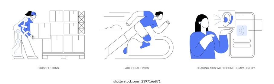 Human augmentation isolated cartoon vector illustrations set. Person wearing exoskeleton, bionics and prosthetic augmentation, athlete runs with artificial limb, hearing aids vector cartoon.