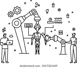 Menschliche Augmentation mit Robo-Körper Vektorsymbol-Design, robotisches Wissenschaftssymbol, Zweckmaschinenzeichen, Cyborg-Illustration, Wissenschaftler bauen humanoide Roboter mit menschlichem Fleisch-Konzept