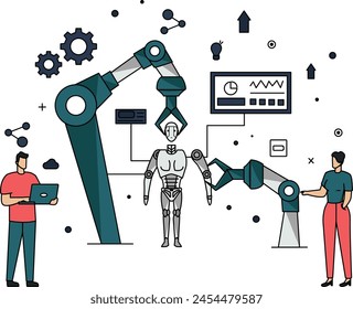 Human augmentation with Robo body vector color design, Bio-Mechanical Revolution symbol, Redefining Humanity sign, Symbiosis illustration, Scientists are making humanoid robot with human flesh concept