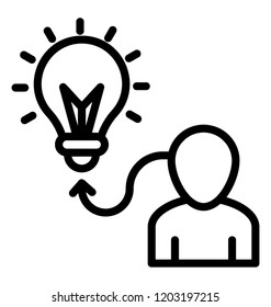 Human avatar attached with arrow line to a light bulb, thoughtful icon for provide solution 