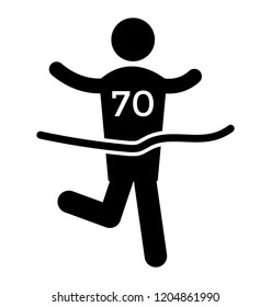 Human avatar gesturing with one leg ahead in graphic of running race 