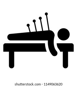
Human avatar laying on a bench with needles pierced in the back, acupuncture graphic 
